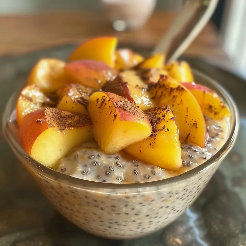 ['Close-up of a creamy chia pudding topped with diced peaches.', 'Side view of chia pudding in a glass bowl, garnished with fresh fruit.', 'A vibrant chia pudding with peach pieces, showcasing its texture.', 'Chia pudding in a modern bowl, highlighting its healthy ingredients.']