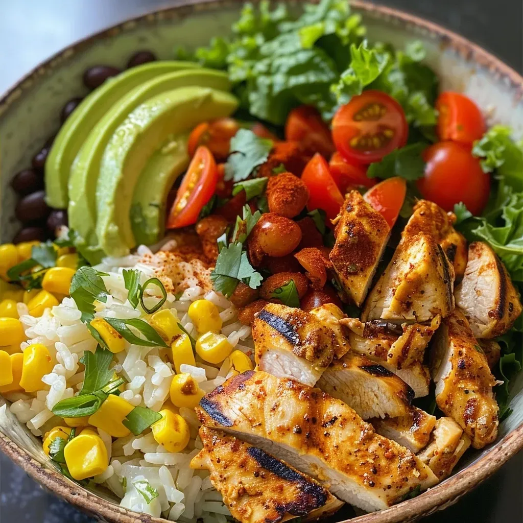 ['A vibrant chicken taco bowl featuring grilled chicken, colorful vegetables, and rice.', 'A close-up of a healthy chicken taco bowl garnished with avocado and tomatoes.', 'A side view of a chicken taco bowl filled with rice, black beans, corn, and lettuce.', 'An appetizing healthy chicken taco bowl showcasing juicy chicken and fresh toppings.']