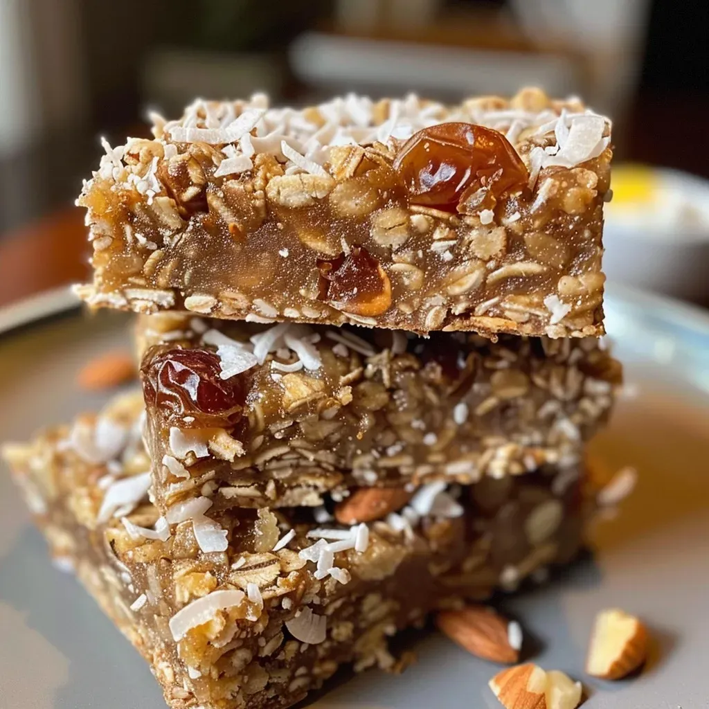 ['Close-up of Healthy Coconut Date Bars, showing texture and ingredients.', 'Side view of Healthy Coconut Date Bars with visible layers and toppings.', 'Juicy and delicious Healthy Coconut Date Bars on a wooden surface.', 'Detailed view of Healthy Coconut Date Bars highlighting oats and coconut.']