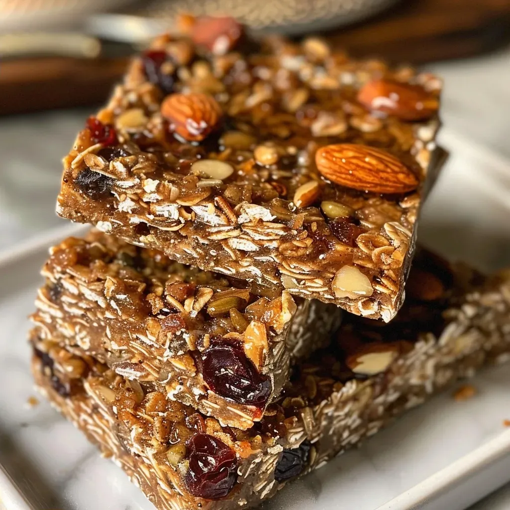 Close-up view of healthy granola bars stacked on a wooden surface.
