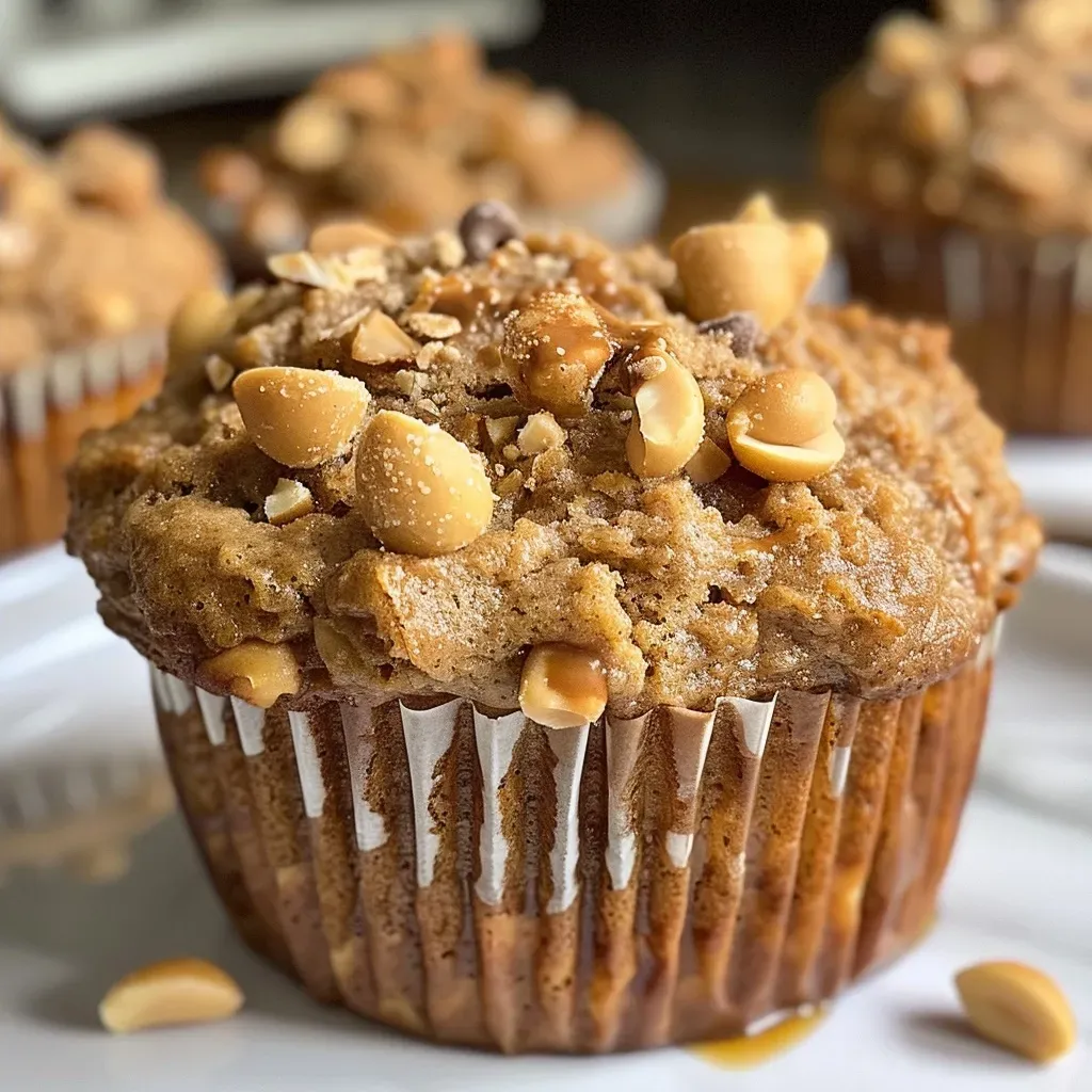 ['Close-up view of Healthy Peanut Butter Banana Muffins with a golden-brown top.', 'Side view of freshly baked Peanut Butter Banana Muffins showcasing a moist texture and chocolate chip topping.', 'Delicious Healthy Peanut Butter Banana Muffins with a rich peanut butter glaze and scattered chocolate chips.', 'Juicy, soft Peanut Butter Banana Muffins arranged on a plate, highlighting their appealing texture.']