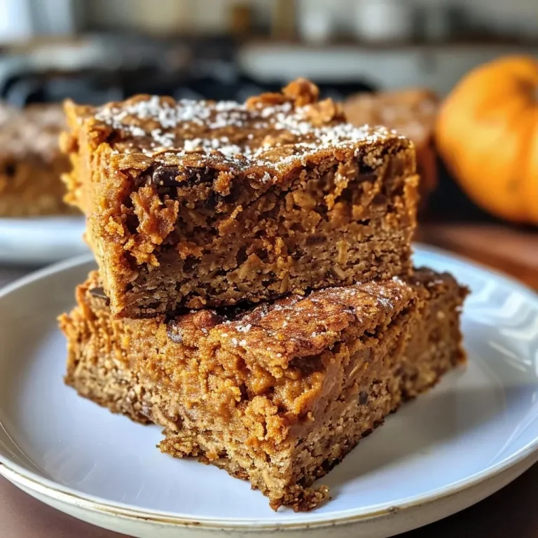 ['Close-up side view of healthy pumpkin oatmeal bars with chocolate chips.', 'Juicy pumpkin oatmeal bars displayed on a wooden surface, showcasing their texture.', 'Delicious looking pumpkin oatmeal bars with a golden crust and melted chocolate.', 'A side view of healthy oatmeal bars made with pumpkin, highlighting the ingredients.']
