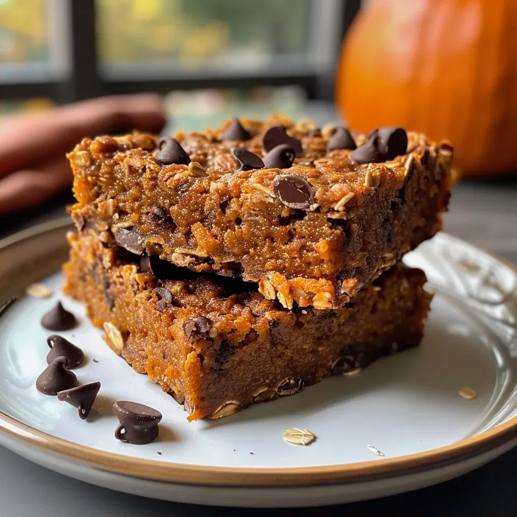 ['Close-up side view of healthy pumpkin oatmeal bars with chocolate chips.', 'Juicy pumpkin oatmeal bars displayed on a wooden surface, showcasing their texture.', 'Delicious looking pumpkin oatmeal bars with a golden crust and melted chocolate.', 'A side view of healthy oatmeal bars made with pumpkin, highlighting the ingredients.']