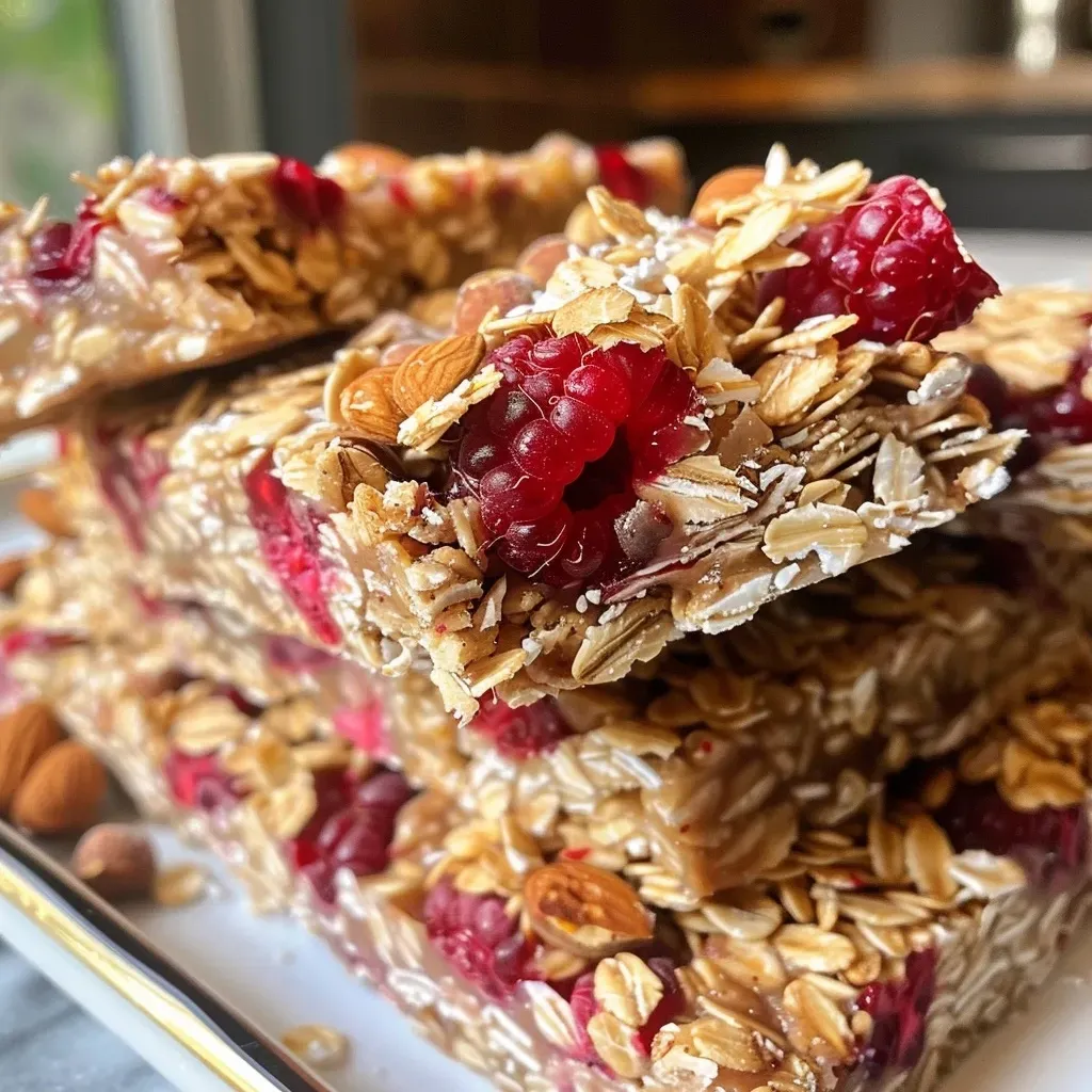 Close-up of healthy raspberry coconut granola bars, showcasing their chewy texture and vibrant red raspberries.