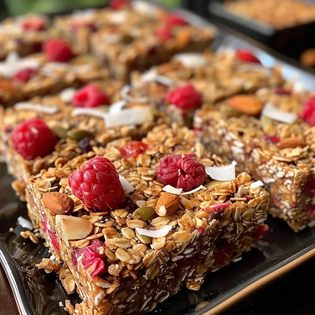 Close-up of healthy raspberry coconut granola bars, showcasing their chewy texture and vibrant red raspberries.