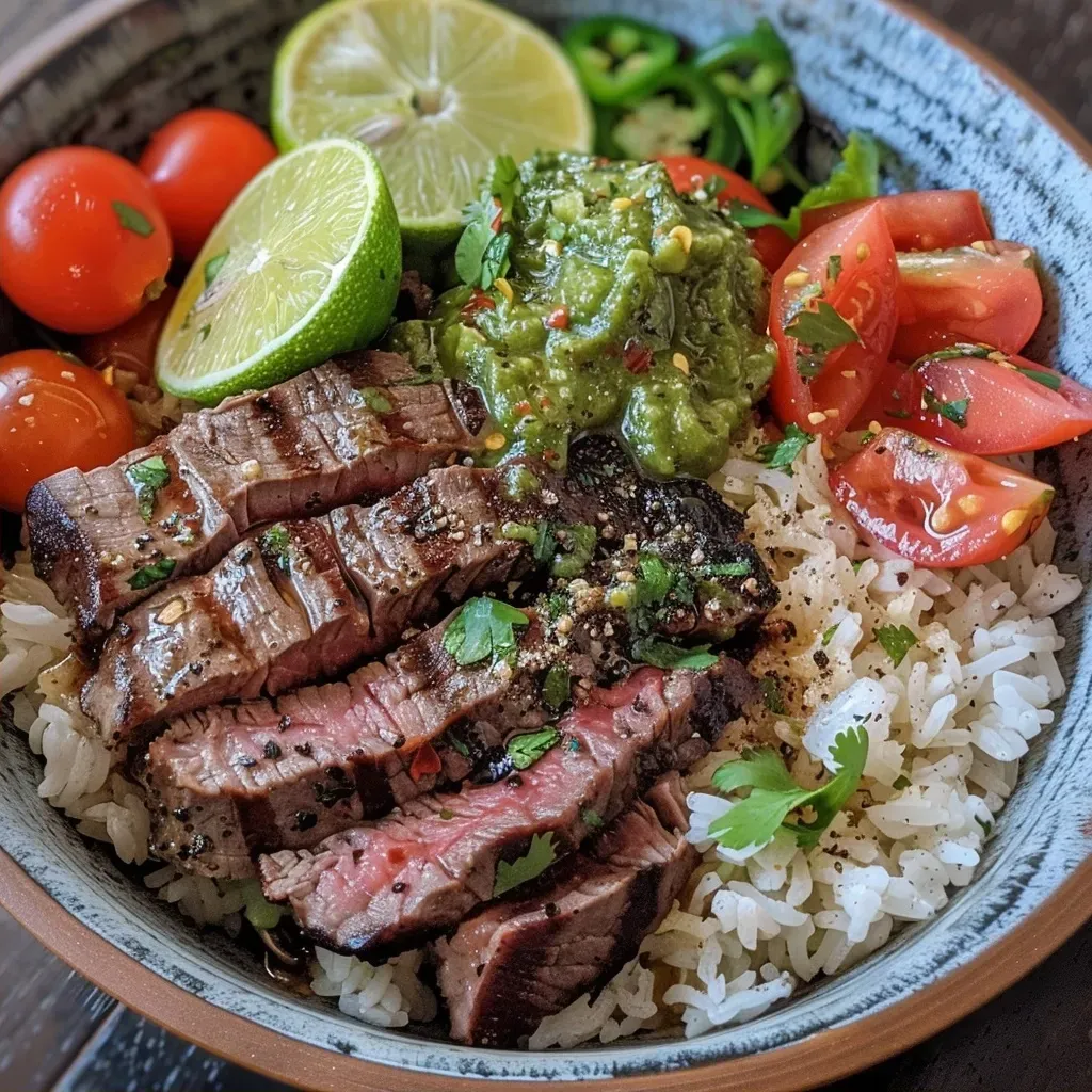 ['Close-up side view of a Healthy Steak Bowl featuring juicy steak, vegetables, and grains.', 'Detailed image of a colorful Healthy Steak Bowl with grilled steak and fresh ingredients.', 'Appetizing side view of a bowl filled with steak, greens, and drizzled lime juice.', 'Close-up shot of a Healthy Steak Bowl showcasing tender steak and vibrant toppings.']