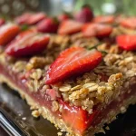 ['Close-up view of Healthy Strawberry Oatmeal Crumble Bars with a golden crumble topping.', 'Side angle of layered strawberry oatmeal crumble bars, showcasing their texture and ingredients.', 'Juicy strawberry oatmeal bars with a crumbly top, displayed on a light wooden surface.', 'Freshly baked strawberry crumble bars cut into squares, revealing juicy berries and crumb topping.']