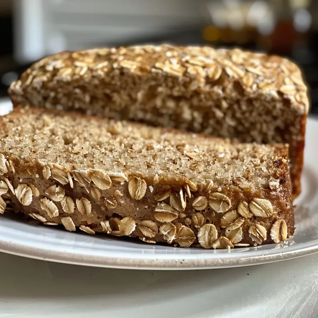 ['Close-up side view of a loaf of Healthy Vegan Oatmeal Bread displaying a golden-brown crust.', 'A detailed shot of Healthy Vegan Oatmeal Bread highlighting its moist texture and rolled oats topping.', 'Side view of a freshly baked Healthy Vegan Oatmeal Bread with a crunchy crust and soft interior.', 'Close-up of Healthy Vegan Oatmeal Bread showcasing its hearty ingredients and inviting appearance.']