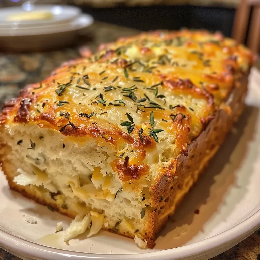['Side view of freshly baked Herb and Cheese Quick Bread, showcasing a golden crust and cheese melting from the surface.', 'Close-up image of herb-infused cheese bread with visible chunks of cheddar and herbs in a soft texture.', 'Detailed side view of a homemade bread loaf, highlighting the crispy exterior and gooey cheese interior.', 'Appetizing close-up of herb and cheese bread revealing a rich, flavorful crust and cheesy filling.']