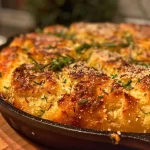 ['Close-up view of golden brown herb-infused Parmesan skillet bread with a crispy crust.', 'Side angle shot of freshly baked Parmesan skillet bread showcasing herbs on top.', 'Juicy herb-infused bread in a skillet, highlighting the melted cheese and fresh rosemary.', 'Detailed close-up of a slice of Parmesan skillet bread with herbs, golden and inviting.']