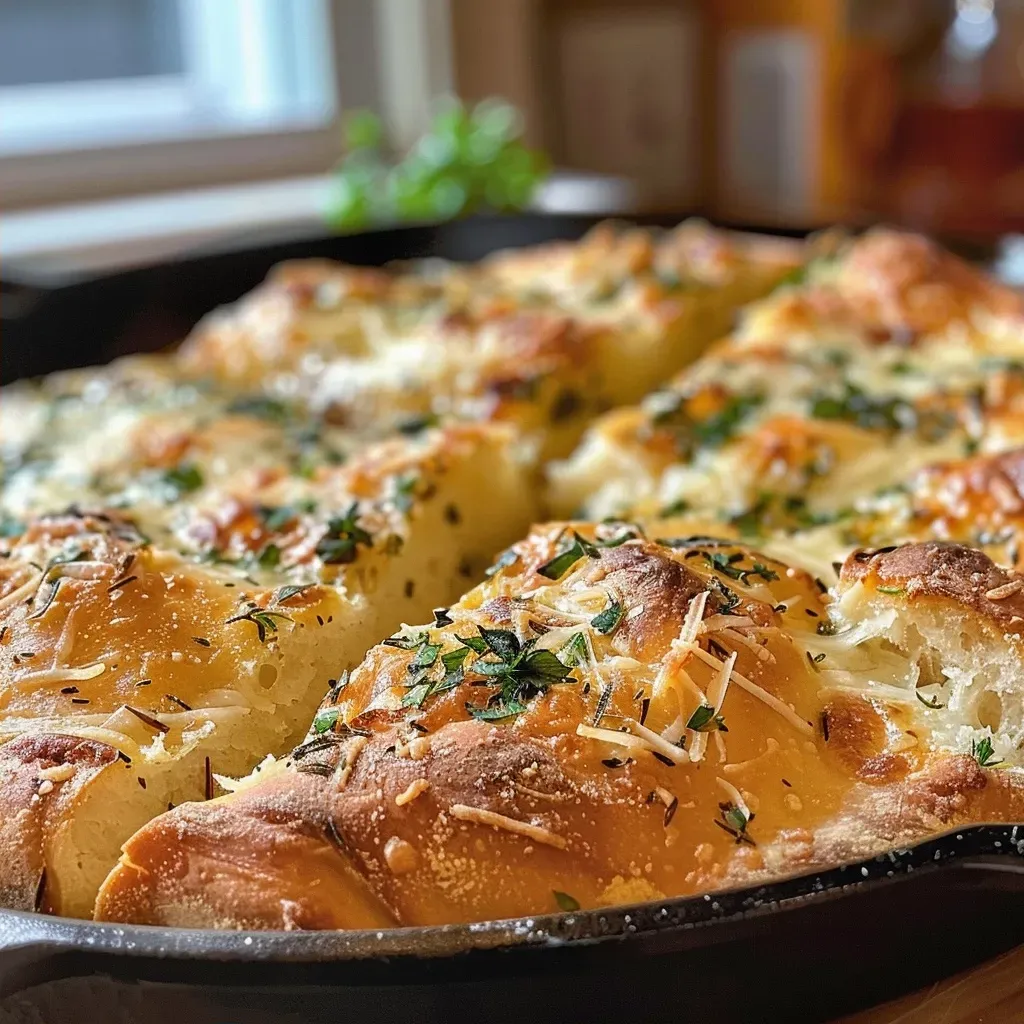 ['Close-up view of golden brown herb-infused Parmesan skillet bread with a crispy crust.', 'Side angle shot of freshly baked Parmesan skillet bread showcasing herbs on top.', 'Juicy herb-infused bread in a skillet, highlighting the melted cheese and fresh rosemary.', 'Detailed close-up of a slice of Parmesan skillet bread with herbs, golden and inviting.']