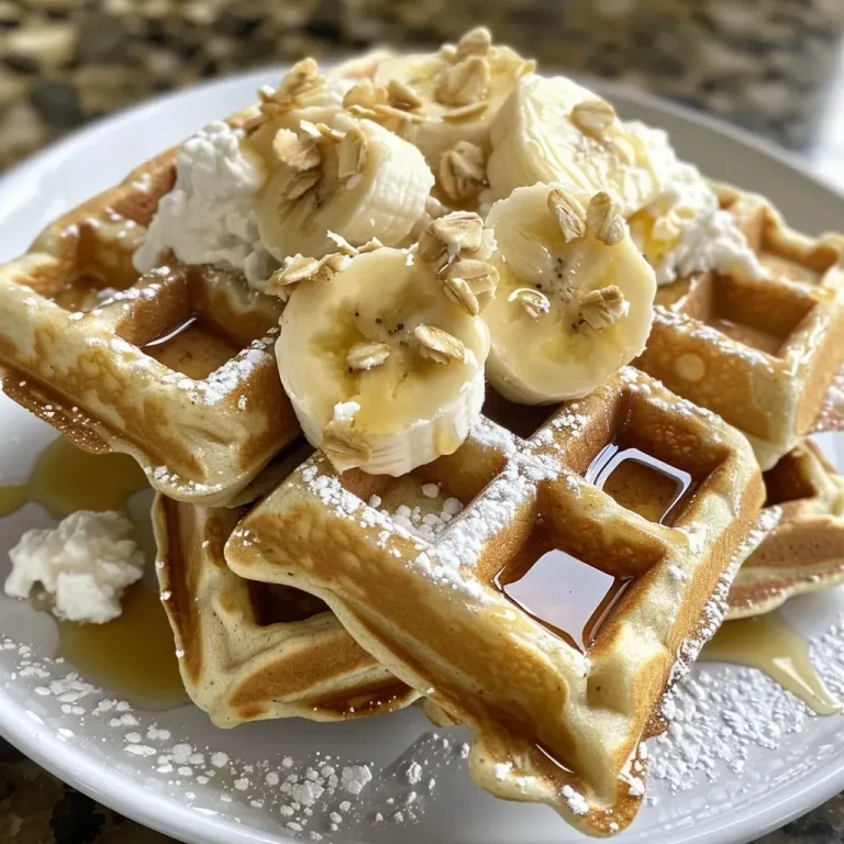 ['Close-up of golden, fluffy high-protein banana cottage cheese waffles stacked on a plate.', 'Side view of delicious banana cottage cheese waffles garnished with slices of banana and syrup.', 'Appetizing high-protein waffles with a soft texture, served with fresh banana on a wooden table.', 'A plate of freshly made banana cottage cheese waffles, showcasing their rich color and fluffy appearance.']
