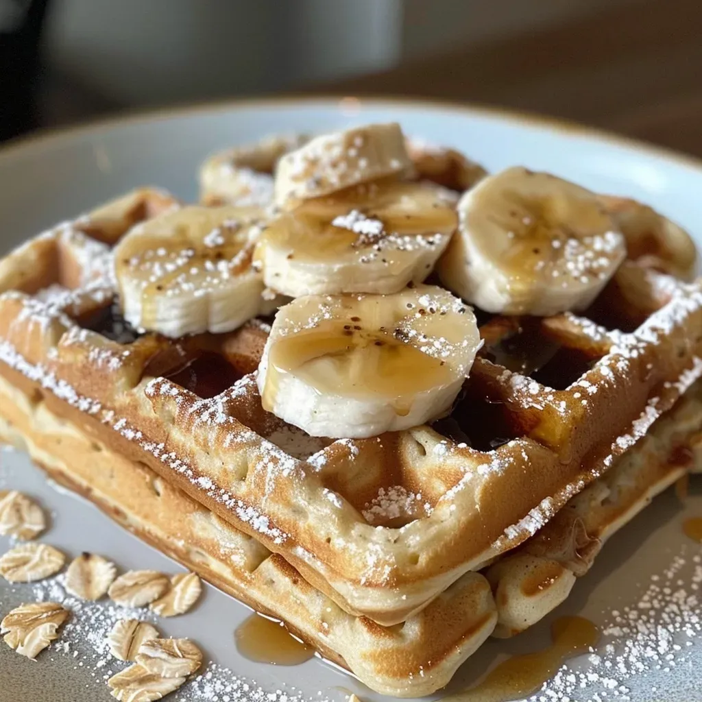 ['Close-up of golden, fluffy high-protein banana cottage cheese waffles stacked on a plate.', 'Side view of delicious banana cottage cheese waffles garnished with slices of banana and syrup.', 'Appetizing high-protein waffles with a soft texture, served with fresh banana on a wooden table.', 'A plate of freshly made banana cottage cheese waffles, showcasing their rich color and fluffy appearance.']