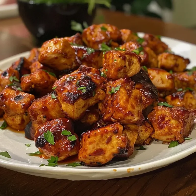 ['Close-up side view of juicy BBQ chicken bites garnished with spices.', 'Delicious high-protein BBQ chicken pieces on a plate with a smoky glaze.', 'Tasty grilled chicken bites served with a rich barbecue sauce.', 'Colorful presentation of high-protein BBQ chicken bites ready to eat.']