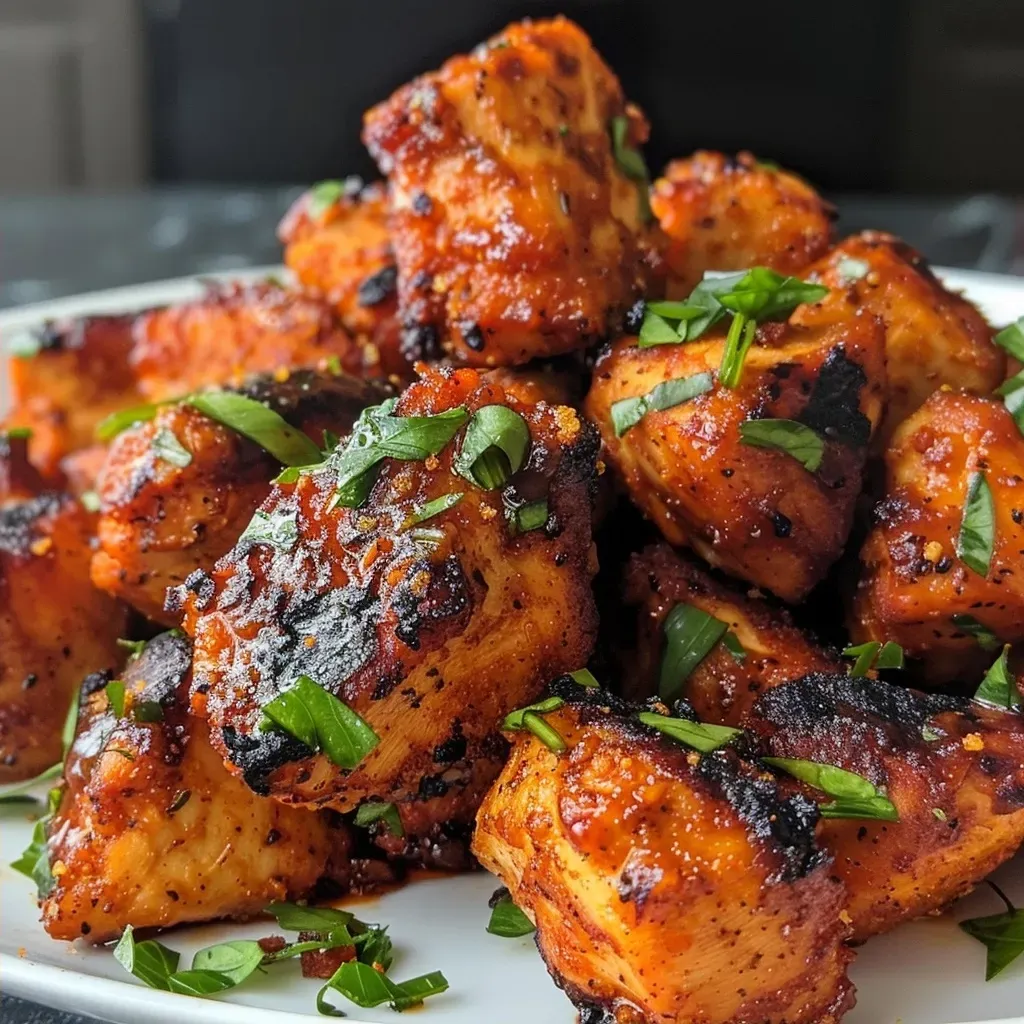 Close-up side view of juicy BBQ chicken bites on a white plate.