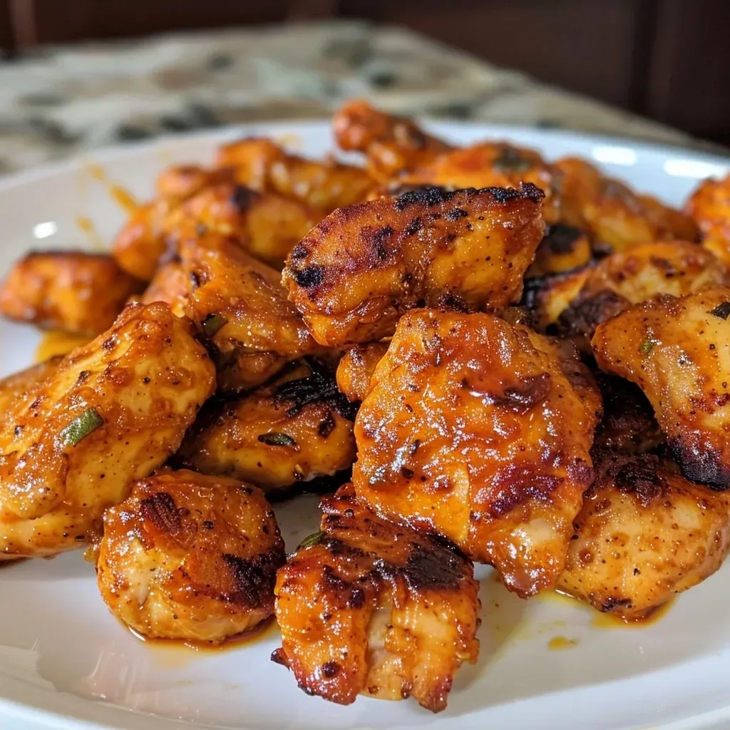 ['Close-up side view of juicy BBQ chicken bites garnished with spices.', 'Delicious high-protein BBQ chicken pieces on a plate with a smoky glaze.', 'Tasty grilled chicken bites served with a rich barbecue sauce.', 'Colorful presentation of high-protein BBQ chicken bites ready to eat.']