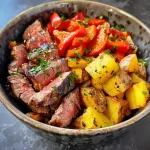 ['A close-up of a high-protein bowl featuring juicy steak, melty cheese, roasted peppers, and crispy potatoes.', 'Side view of a vibrant protein bowl filled with steak, cheese, and colorful vegetables.', 'Juicy steak and crispy potatoes arranged beautifully in a high-protein bowl, captured with an iPhone.', 'A tantalizing bowl showcasing steak, cheese, and roasted peppers with crispy potatoes on the side.']