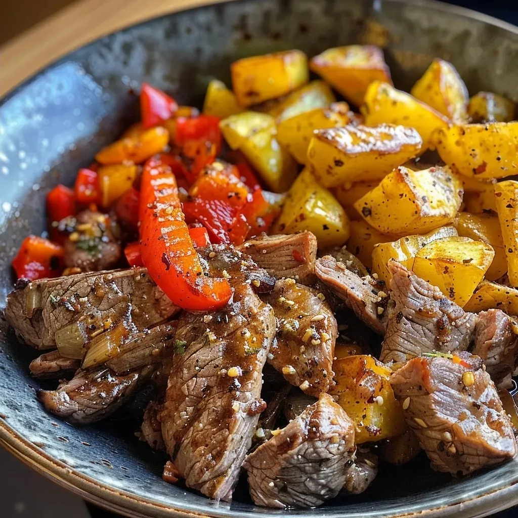 ['A close-up of a high-protein bowl featuring juicy steak, melty cheese, roasted peppers, and crispy potatoes.', 'Side view of a vibrant protein bowl filled with steak, cheese, and colorful vegetables.', 'Juicy steak and crispy potatoes arranged beautifully in a high-protein bowl, captured with an iPhone.', 'A tantalizing bowl showcasing steak, cheese, and roasted peppers with crispy potatoes on the side.']