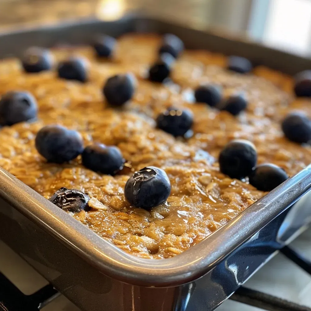 Close-up side view of a golden-brown high-protein breakfast bake, featuring blueberries.