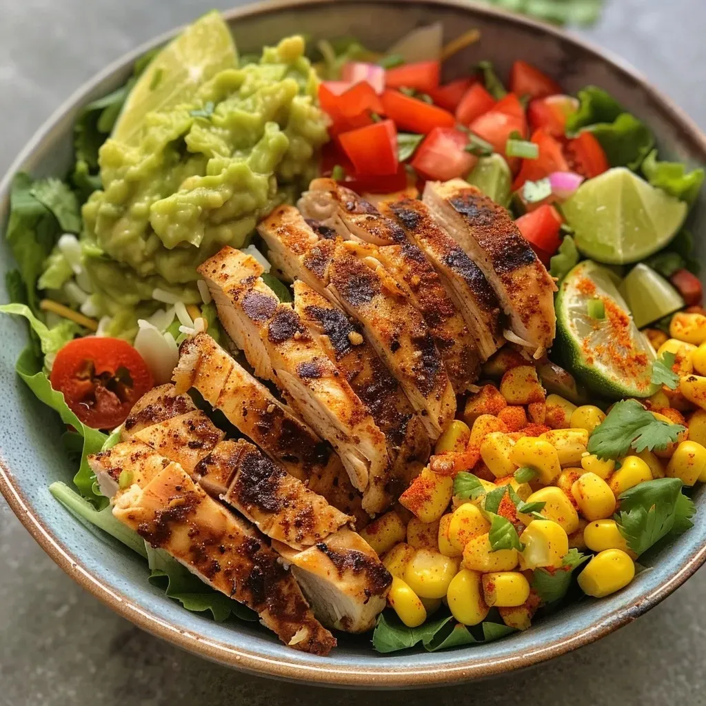['Close-up of a colorful chicken taco bowl with grilled chicken, corn, and toppings.', 'Side view of a vibrant chicken taco bowl featuring lettuce, guacamole, and cheese.', 'Juicy chicken taco bowl with fresh ingredients, including corn, cilantro, and lime wedge.', 'A delicious bowl of chicken tacos with Greek yogurt drizzle and fresh toppings.']