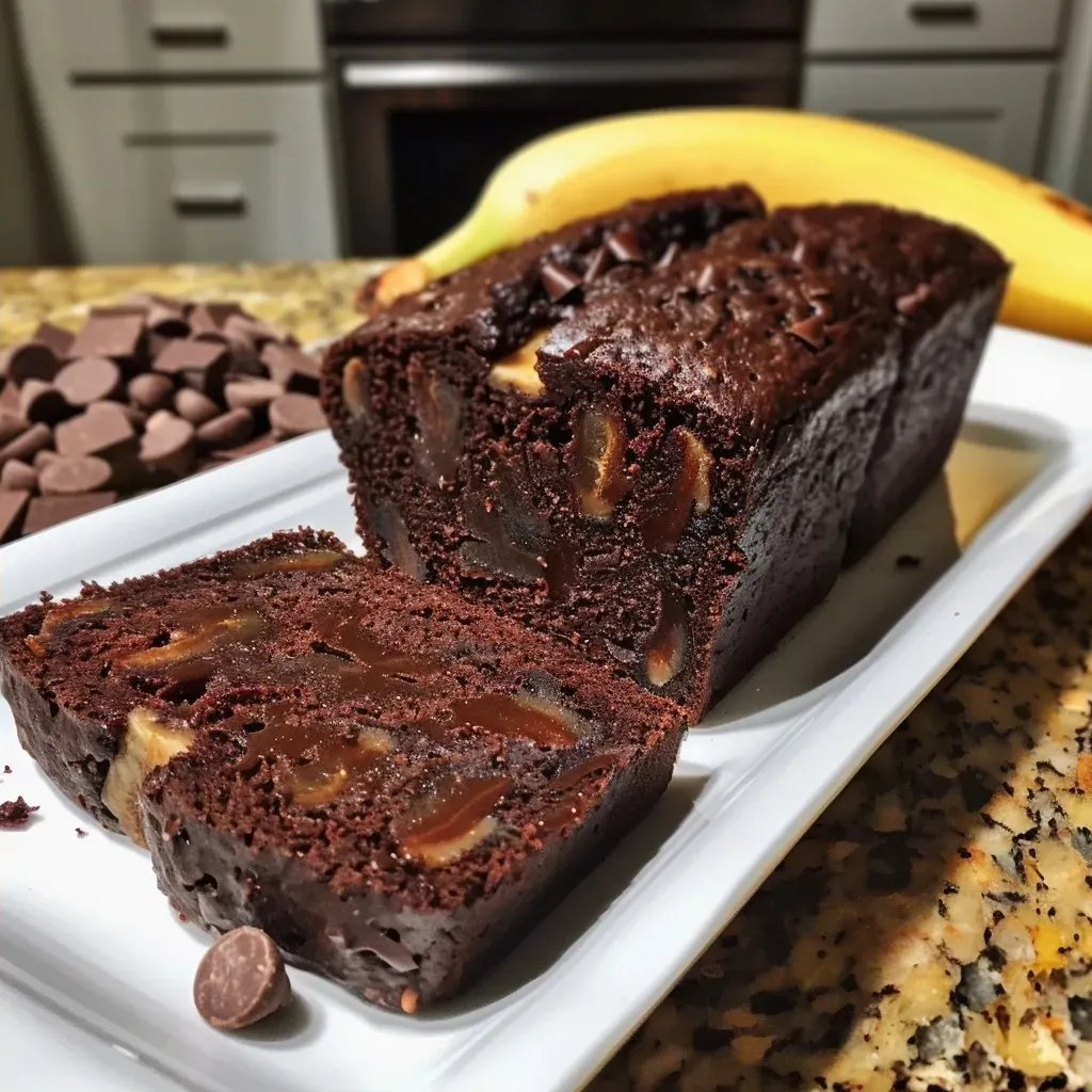 ['Close-up view of sliced chocolate banana bread with a moist texture.', 'Side angle of high-protein chocolate banana bread, showcasing its rich cocoa layers.', 'Juicy, chocolatey banana bread with a slice revealing its soft interior.', 'Detailed view of freshly baked chocolate banana bread with bananas and chocolate chips.']