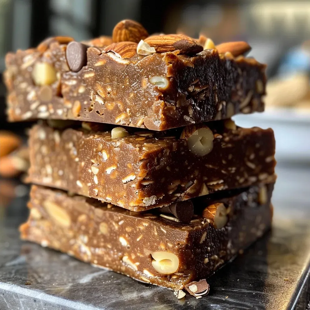 ['Close-up of a chewy chocolate nut protein bar with visible chunks of nuts and chocolate chips.', 'Side view of a high-protein chocolate nut bar showcasing its chewy texture and rich chocolate color.', 'Detailed image of a protein bar with oats, nuts, and dark chocolate, highlighted against a neutral background.', 'A hand holding a chocolate nut protein bar, focusing on its texture and ingredient inclusions.']