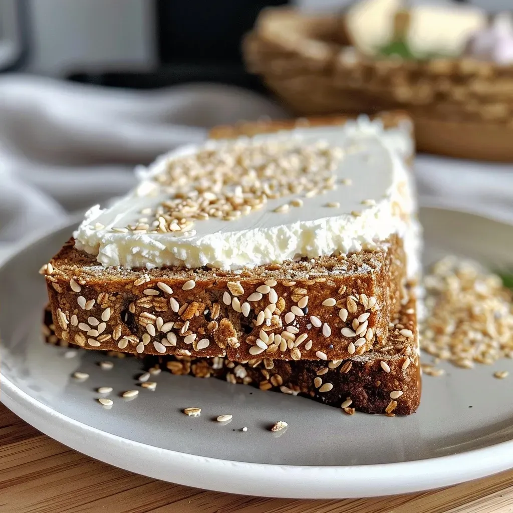 Close-up view of high-protein cottage cheese oat bread with a golden crust and toppings.