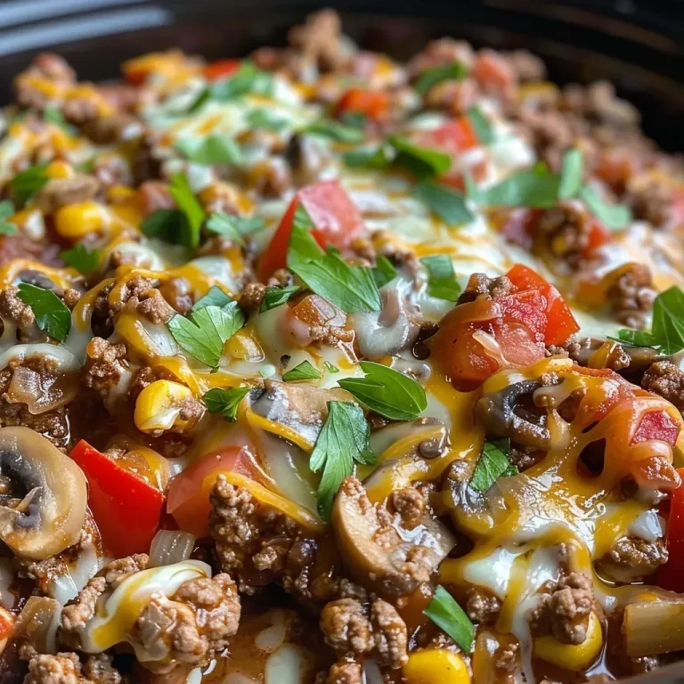 ['Close-up view of a hearty ground beef casserole topped with melted cheese.', 'Side perspective of a rich crockpot casserole featuring ground beef, vegetables, and cheese.', 'Juicy ground beef casserole in a crockpot, showcasing layers of cheese and colorful vegetables.', 'Delicious casserole with ground beef and melted cheddar and mozzarella, seen from the side.']
