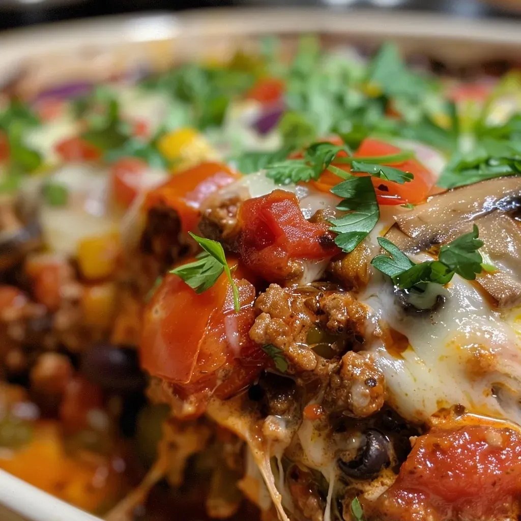 ['Close-up view of a hearty ground beef casserole topped with melted cheese.', 'Side perspective of a rich crockpot casserole featuring ground beef, vegetables, and cheese.', 'Juicy ground beef casserole in a crockpot, showcasing layers of cheese and colorful vegetables.', 'Delicious casserole with ground beef and melted cheddar and mozzarella, seen from the side.']