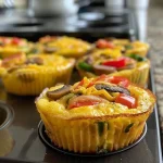 ['Close-up of a golden-brown egg muffin cup filled with vegetables and sausage.', 'Side view of a high protein egg muffin cup, showcasing its fluffy texture and colorful fillings.', 'Juicy egg muffin cup with chopped spinach, bell peppers, and cheese, displayed on a plate.', 'A collection of baked egg muffin cups, highlighting their savory ingredients and appetizing appearance.']
