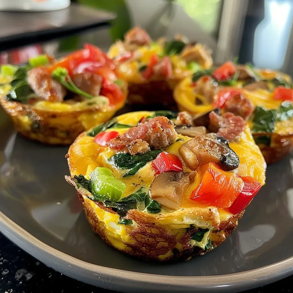 Close-up of a golden-brown egg muffin cup filled with vegetables and sausage.