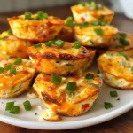 ['Close-up image of high protein egg white bites stacked on a plate, garnished with green onions and red bell pepper.', 'Side view of delicious egg white bites made with cottage cheese, showing the fluffy texture and colorful ingredients.', 'Juicy egg white bites with visible chunks of spinach and cheddar cheese on a wooden table.', 'Appetizing egg white bites featuring a mix of cottage cheese and vegetables, presented in a white dish.']