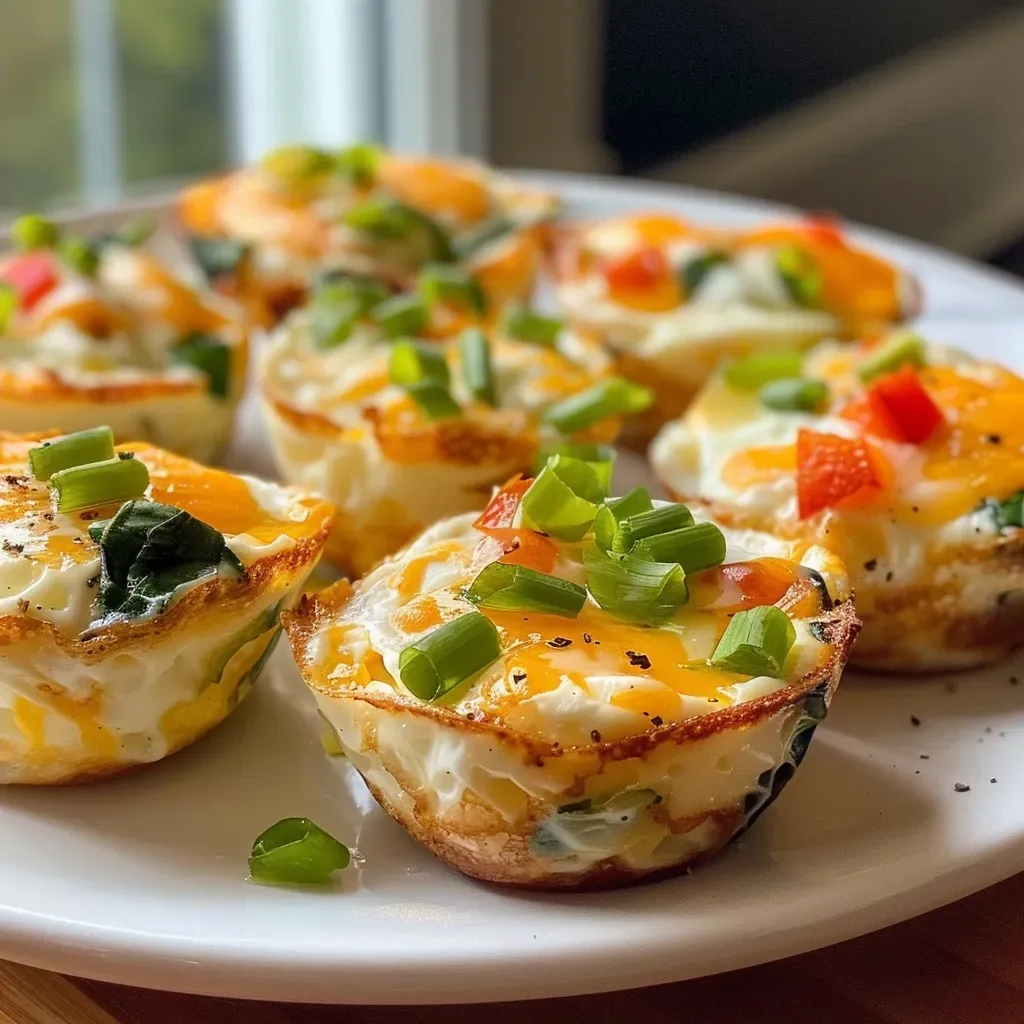 ['Close-up image of high protein egg white bites stacked on a plate, garnished with green onions and red bell pepper.', 'Side view of delicious egg white bites made with cottage cheese, showing the fluffy texture and colorful ingredients.', 'Juicy egg white bites with visible chunks of spinach and cheddar cheese on a wooden table.', 'Appetizing egg white bites featuring a mix of cottage cheese and vegetables, presented in a white dish.']
