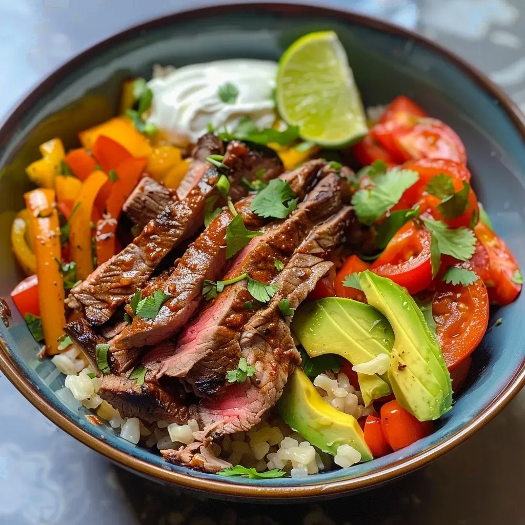 ['A close-up view of a high protein keto steak fajita bowl, featuring vibrant bell peppers and avocado.', 'Side shot of a keto steak fajita bowl with juicy steak, fresh vegetables, and creamy toppings.', 'Detailed image of a protein-packed fajita bowl with colorful peppers, onions, and garnishes.', 'A visually appealing keto steak fajita bowl filled with sliced steak, riced cauliflower, and various toppings.']