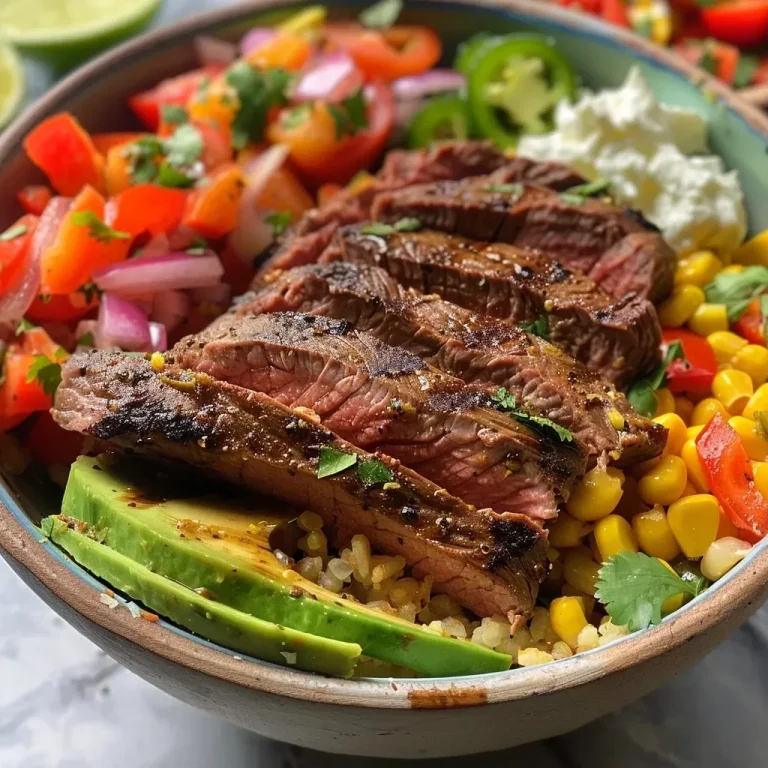 ['Close-up view of a colorful steak fajita bowl with sliced bell peppers and avocado.', 'Juicy flank steak served in a bowl with cauliflower rice, garnished with cilantro and lime.', 'A vibrant bowl featuring steak, bell peppers, corn, and Greek yogurt, with fresh lime wedges.', 'Side view of a protein-packed steak fajita bowl, showcasing layers of vegetables and toppings.']