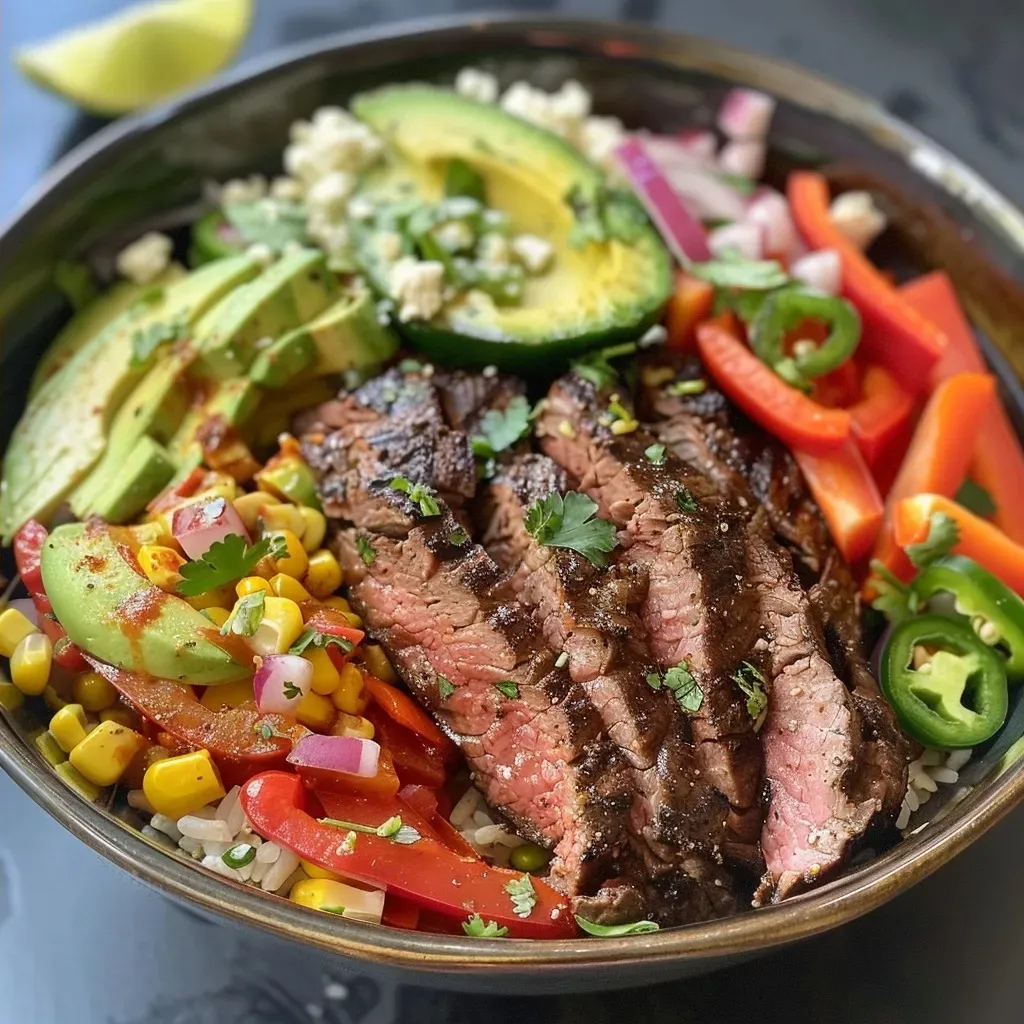['Close-up view of a colorful steak fajita bowl with sliced bell peppers and avocado.', 'Juicy flank steak served in a bowl with cauliflower rice, garnished with cilantro and lime.', 'A vibrant bowl featuring steak, bell peppers, corn, and Greek yogurt, with fresh lime wedges.', 'Side view of a protein-packed steak fajita bowl, showcasing layers of vegetables and toppings.']