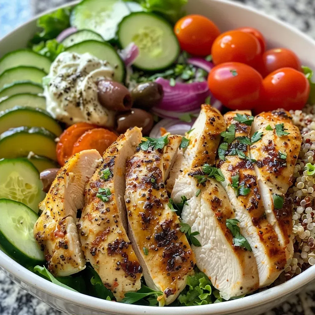 ['Close-up view of a Mediterranean chicken bowl with vibrant vegetables and quinoa.', 'Side view of a healthy, high-protein chicken bowl featuring colorful ingredients and Greek yogurt.', 'Juicy chicken breast atop a bed of quinoa and fresh lettuce in a Mediterranean-style bowl.', 'Detailed shot of a nutritious chicken salad bowl garnished with olives and tomatoes.']