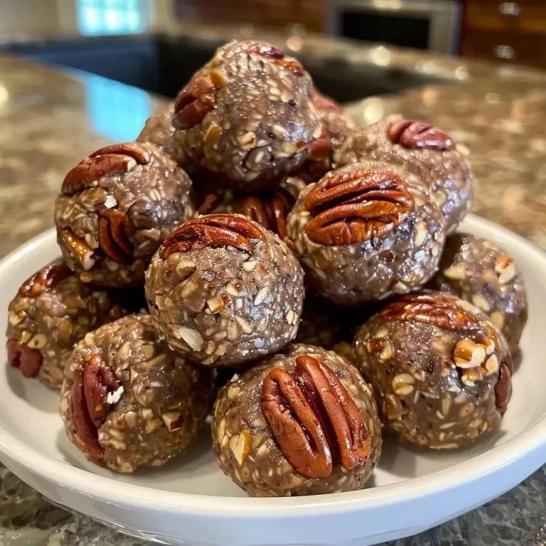 ['Close-up view of high-protein pecan pie balls on a wooden surface.', 'Juicy, delicious high-protein pecan pie balls showcased from the side.', 'Side view of a cluster of high-protein pecan pie balls with a textured finish.', 'Detailed image of high-protein pecan pie balls featuring chopped pecans.']