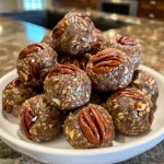 ['Close-up view of high-protein pecan pie balls on a wooden surface.', 'Juicy, delicious high-protein pecan pie balls showcased from the side.', 'Side view of a cluster of high-protein pecan pie balls with a textured finish.', 'Detailed image of high-protein pecan pie balls featuring chopped pecans.']