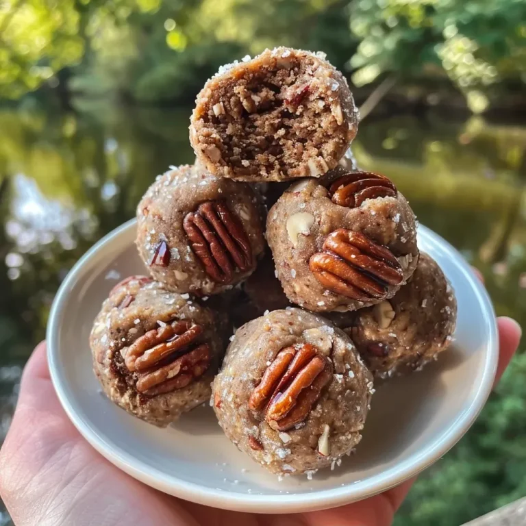 ['Close-up view of high-protein pecan pie balls on a wooden surface.', 'Juicy pecan pie energy balls with chopped pecans scattered around.', 'Side view of high-protein pecan pie balls glistening with maple syrup.', 'Deliciously stacked pecan pie balls showcasing their texture and ingredients.']