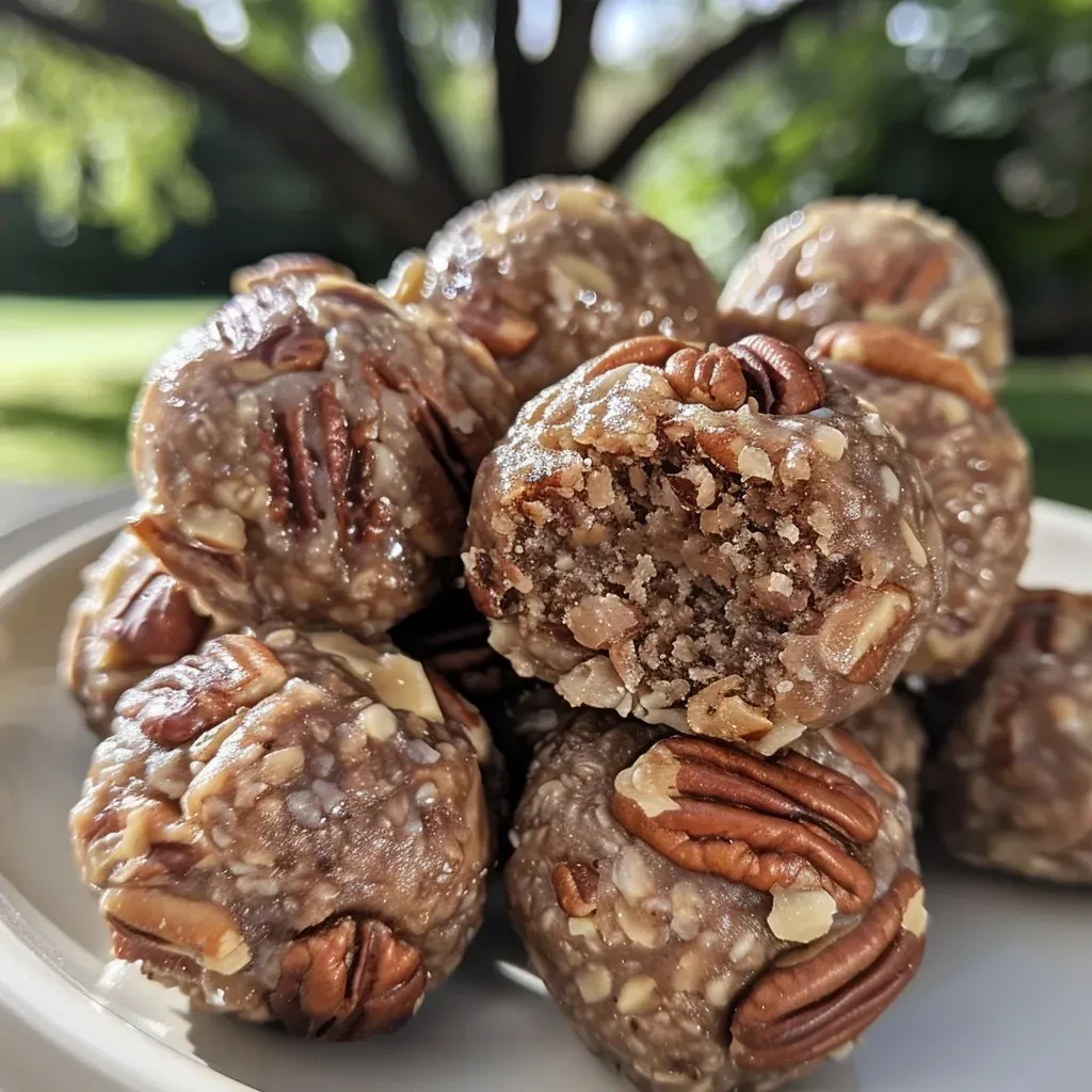 Close-up view of high-protein pecan pie balls on a wooden surface.