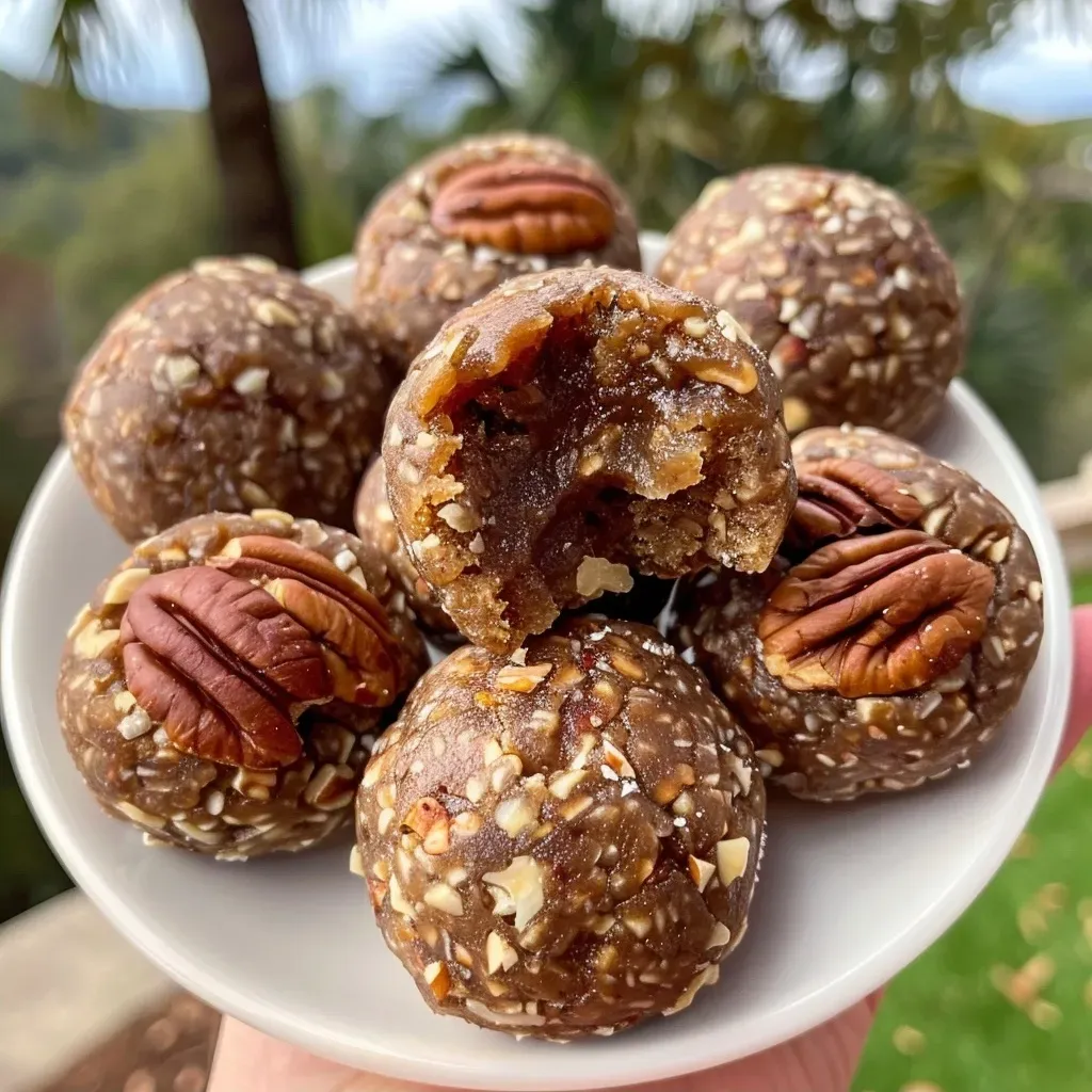 ['Close-up view of high-protein pecan pie balls on a wooden surface.', 'Juicy pecan pie energy balls with chopped pecans scattered around.', 'Side view of high-protein pecan pie balls glistening with maple syrup.', 'Deliciously stacked pecan pie balls showcasing their texture and ingredients.']