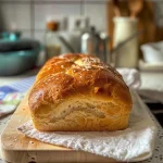 ['Close-up of a golden-brown homemade bread loaf with a crusty exterior.', 'Side view of freshly baked bread showcasing its soft and airy interior.', 'Juicy homemade bread with a crispy crust, viewed from the side.', 'A rustic loaf of bread with a textured crust and visible air pockets inside.']