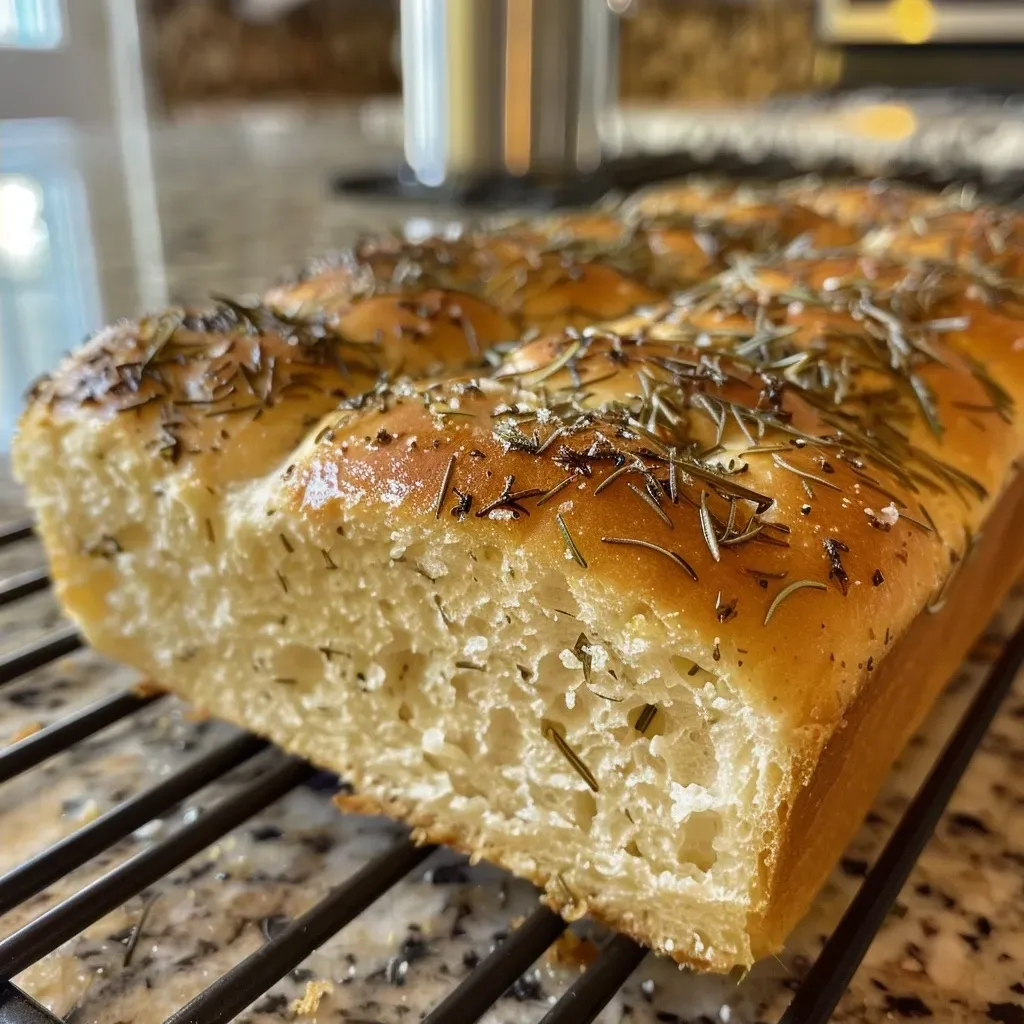 ['A close-up view of a crusty homemade rosemary bread loaf, showcasing its golden-brown crust and fluffy interior.', 'Side view of freshly baked rosemary bread with visible herbs and a crispy crust, resting on a wooden board.', 'Juicy homemade rosemary bread displayed with a rich texture and fresh rosemary sprigs beside it.', 'Detailed image of a loaf of rosemary bread, highlighting its inviting crust and soft, airy inside.']