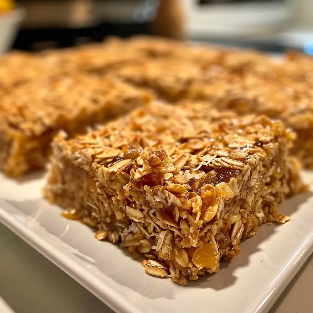 Close-up side view of a Honey Coconut Oat Bar, showcasing its golden-brown texture and coconut flakes.