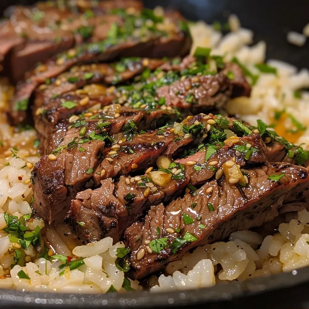 ['Juicy Honey Garlic Butter Steak and Rice Skillet with vibrant colors and succulent steak pieces.', 'Close-up of a Honey Garlic Butter Steak and Rice Skillet showcasing tender steak and fluffy rice.', 'A mouthwatering skillet filled with steak, rice, and garlic butter, emphasizing texture and color.', 