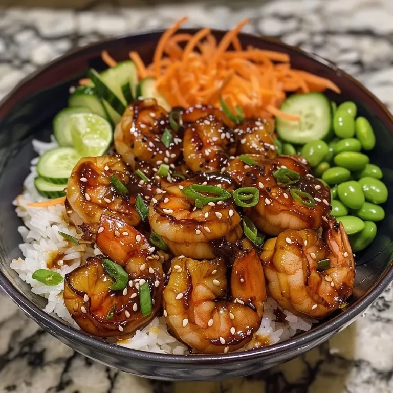 ['A close-up view of a Honey Garlic Shrimp Bowl featuring colorful ingredients arranged artfully.', 'Juicy shrimp glazed in honey garlic sauce over a bowl of rice with greens and sliced vegetables.', 'A vibrant Honey Garlic Shrimp Bowl showcasing shrimp, rice, edamame, and garnishes in a white bowl.', 'Side view of a delicious shrimp bowl on a wooden surface, highlighting the fresh ingredients.']