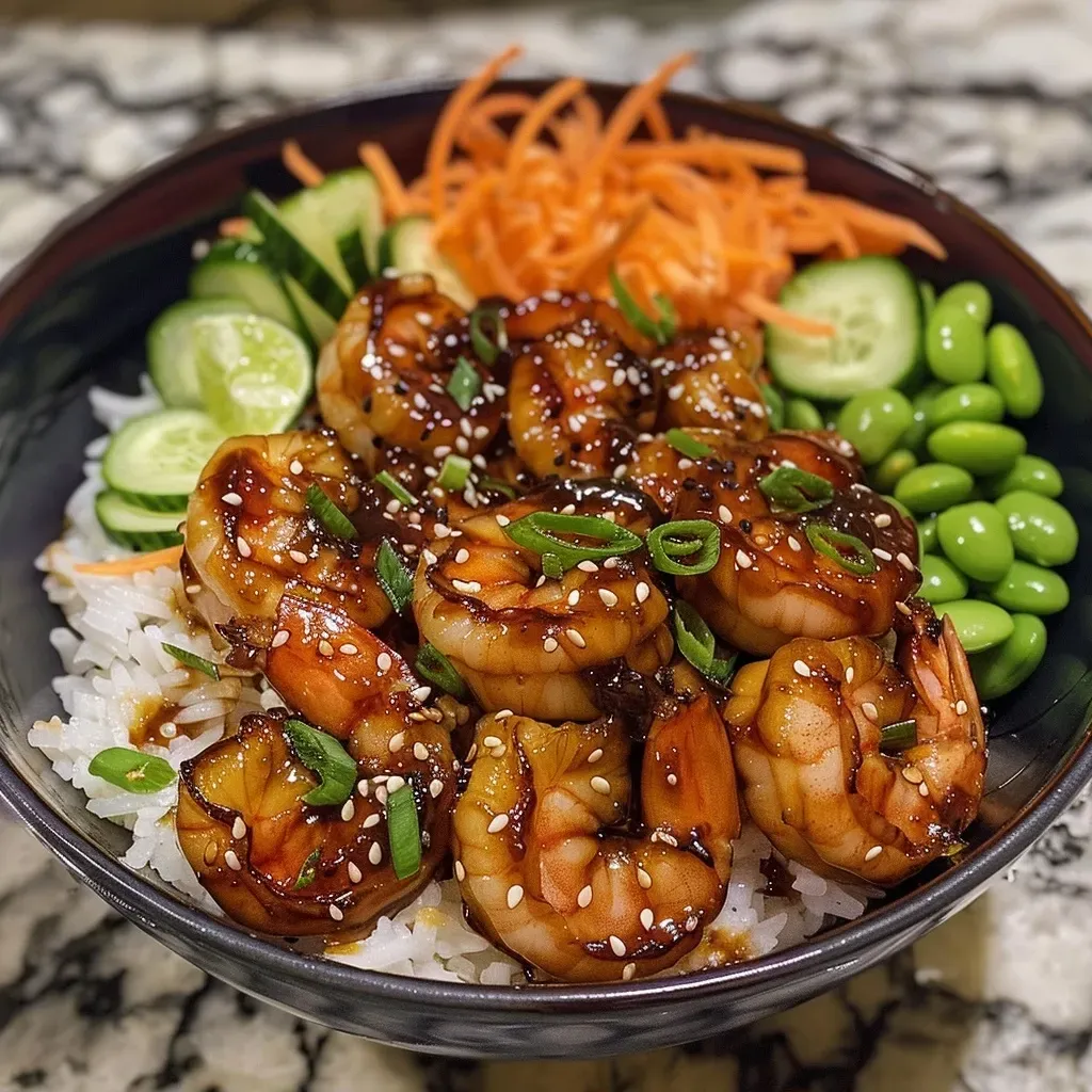 A close-up view of a Honey Garlic Shrimp Bowl featuring colorful ingredients arranged artfully.