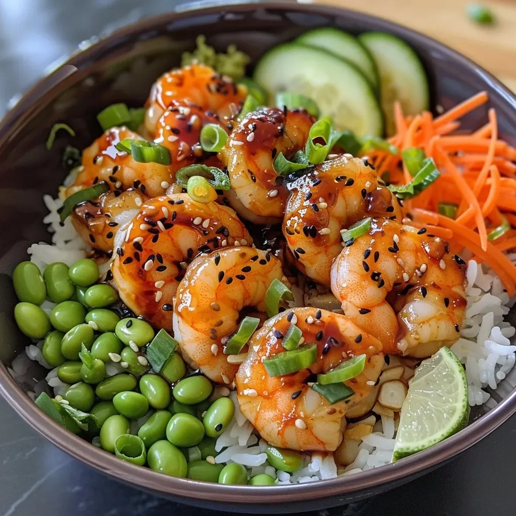 A close-up view of a Honey Garlic Shrimp Bowl featuring colorful ingredients arranged artfully.