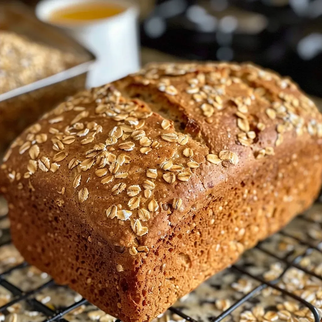 ['Close-up side view of freshly baked Honey Oat Bran Bread.', 'Juicy Honey Oat Bran Bread displayed from the side, showcasing its texture.', 'Side view of Honey Oat Bran Bread highlighting crust and crumb detail.', 'Freshly baked Honey Oat Bran Bread in close-up, emphasizing golden crust.']